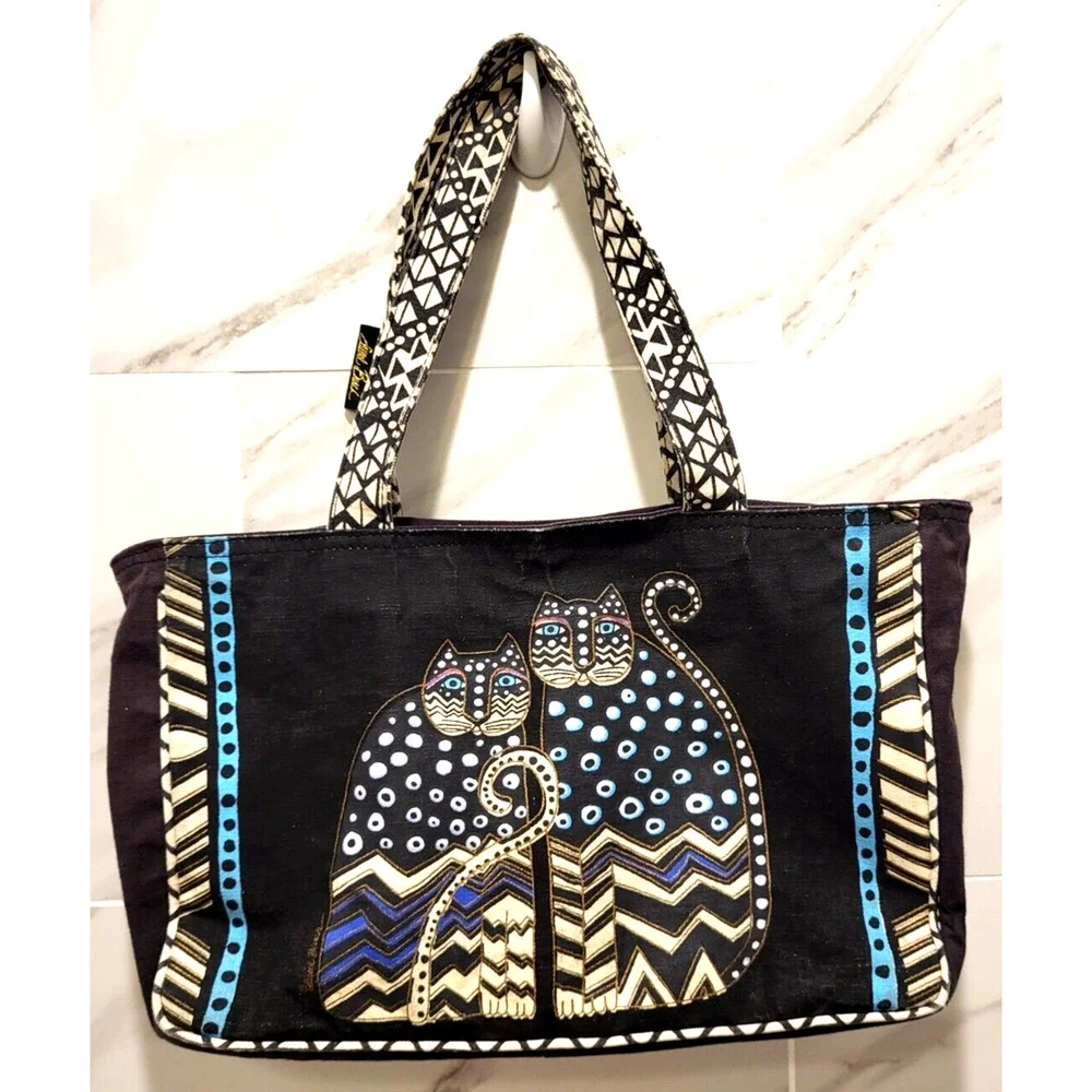 Laurel Burch Black Cotton Cat Tote Bead Trim Gold Braid Double Handles 16x9x4.5